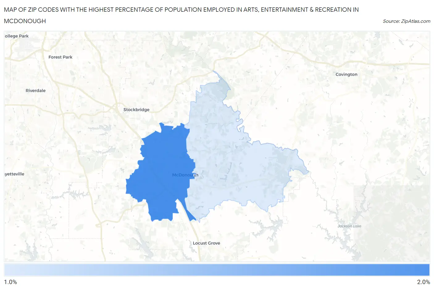 Zip Codes with the Highest Percentage of Population Employed in Arts, Entertainment & Recreation in Mcdonough Map