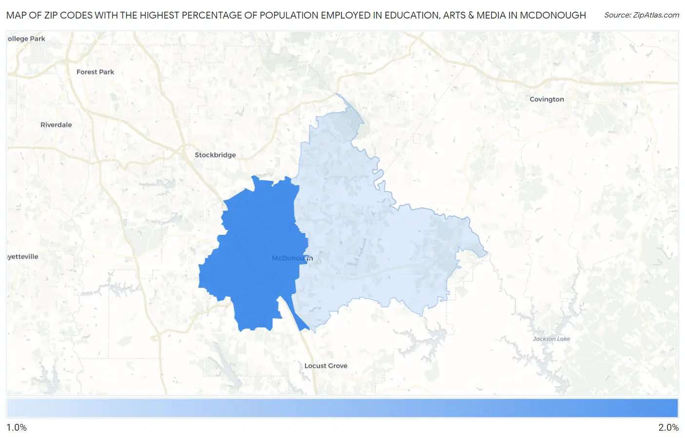 Zip Codes with the Highest Percentage of Population Employed in Education, Arts & Media in Mcdonough Map