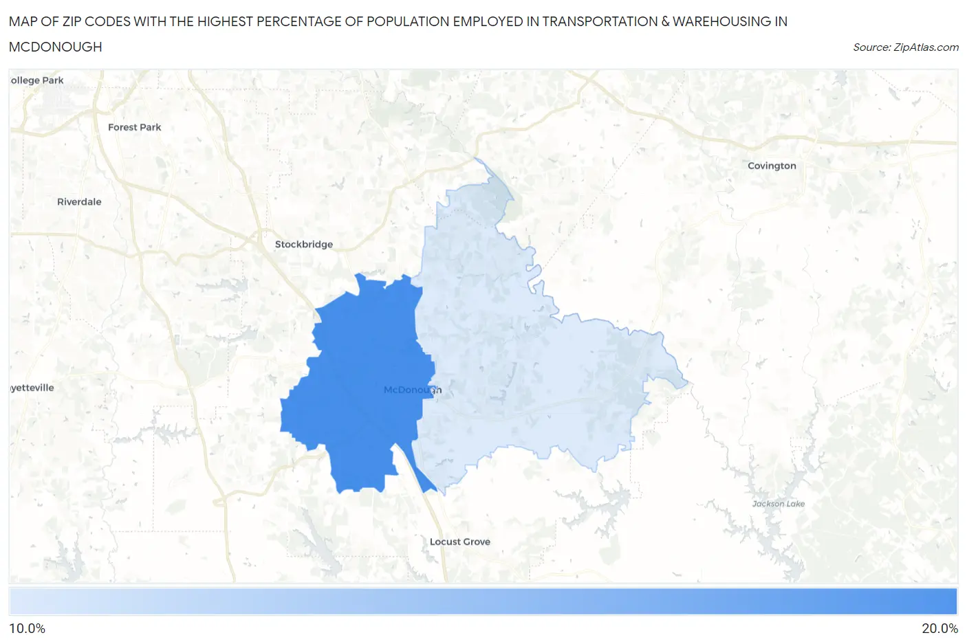 Zip Codes with the Highest Percentage of Population Employed in Transportation & Warehousing in Mcdonough Map