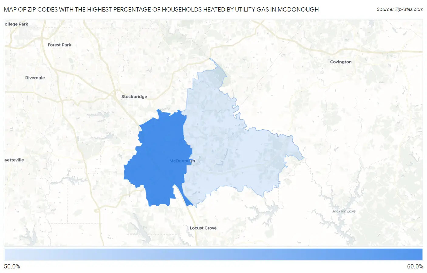 Zip Codes with the Highest Percentage of Households Heated by Utility Gas in Mcdonough Map