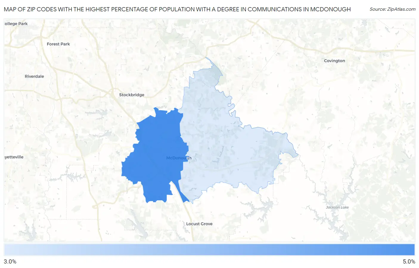 Zip Codes with the Highest Percentage of Population with a Degree in Communications in Mcdonough Map