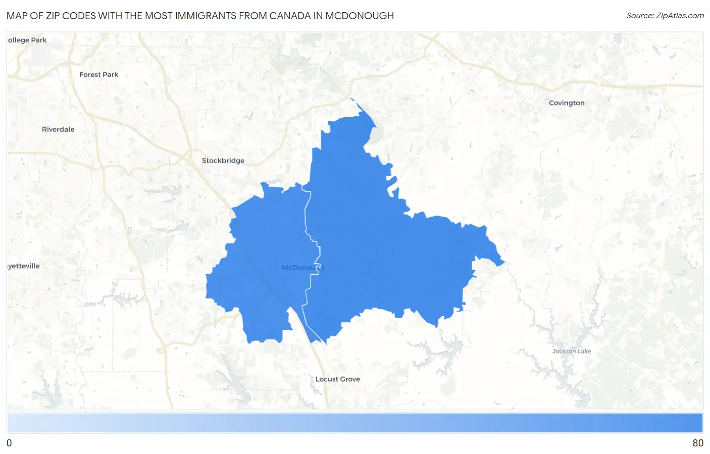 Zip Codes with the Most Immigrants from Canada in Mcdonough Map