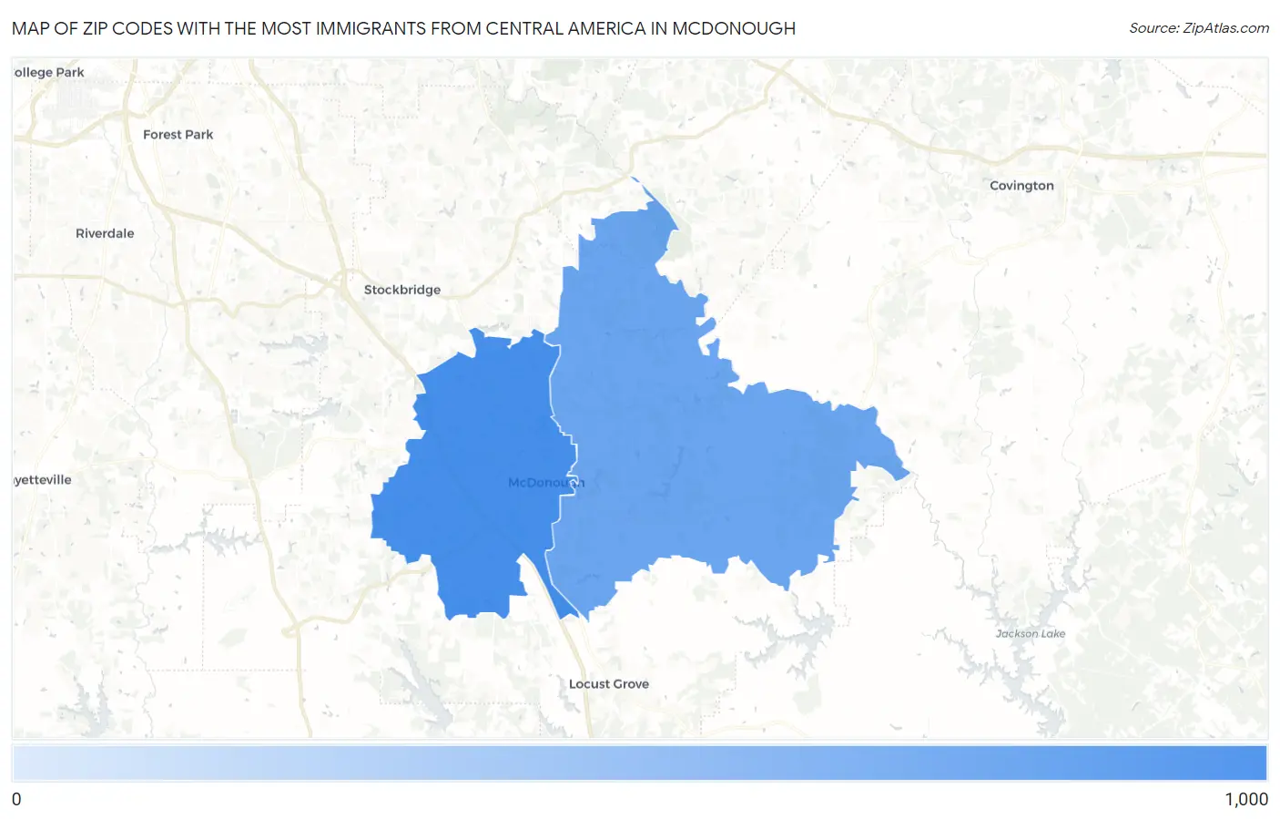 Zip Codes with the Most Immigrants from Central America in Mcdonough Map
