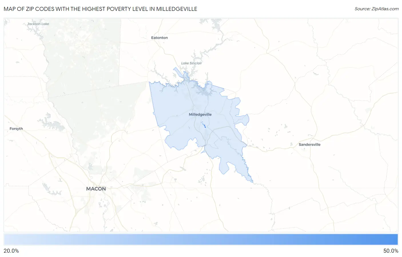 Zip Codes with the Highest Poverty Level in Milledgeville Map