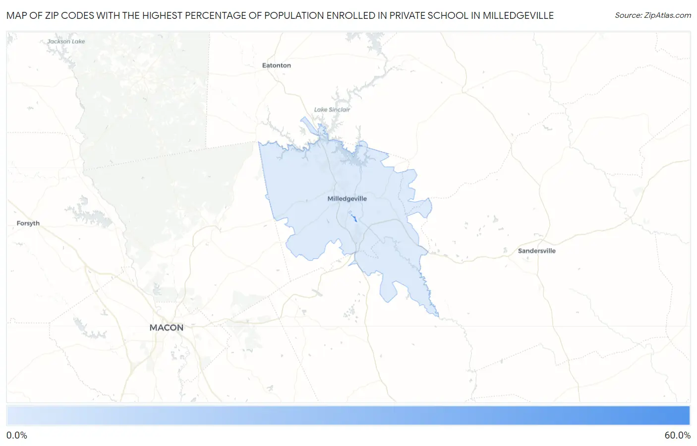 Zip Codes with the Highest Percentage of Population Enrolled in Private School in Milledgeville Map