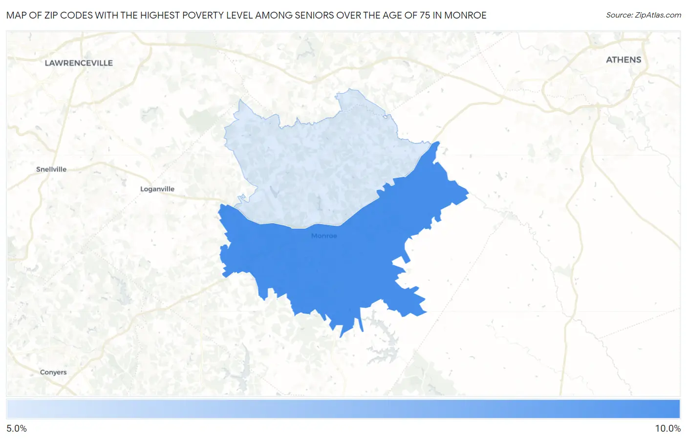 Zip Codes with the Highest Poverty Level Among Seniors Over the Age of 75 in Monroe Map