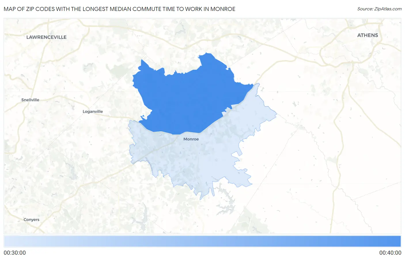 Zip Codes with the Longest Median Commute Time to Work in Monroe Map