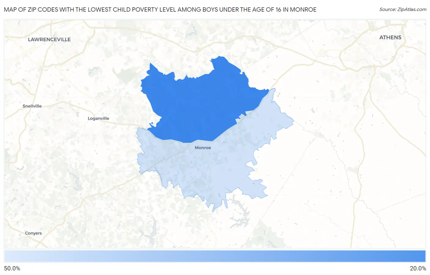 Zip Codes with the Lowest Child Poverty Level Among Boys Under the Age of 16 in Monroe Map