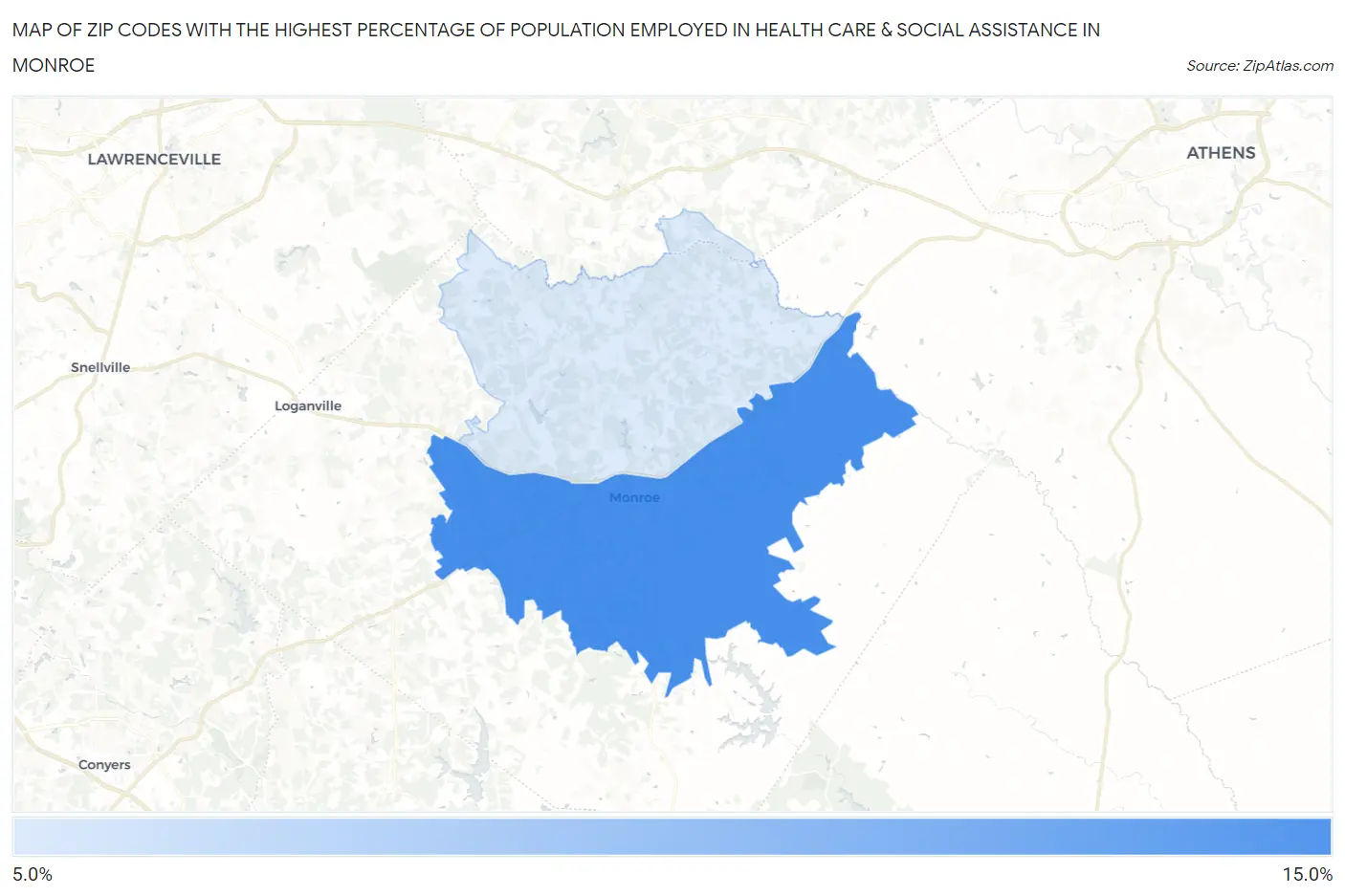 Zip Codes with the Highest Percentage of Population Employed in Health Care & Social Assistance in Monroe Map