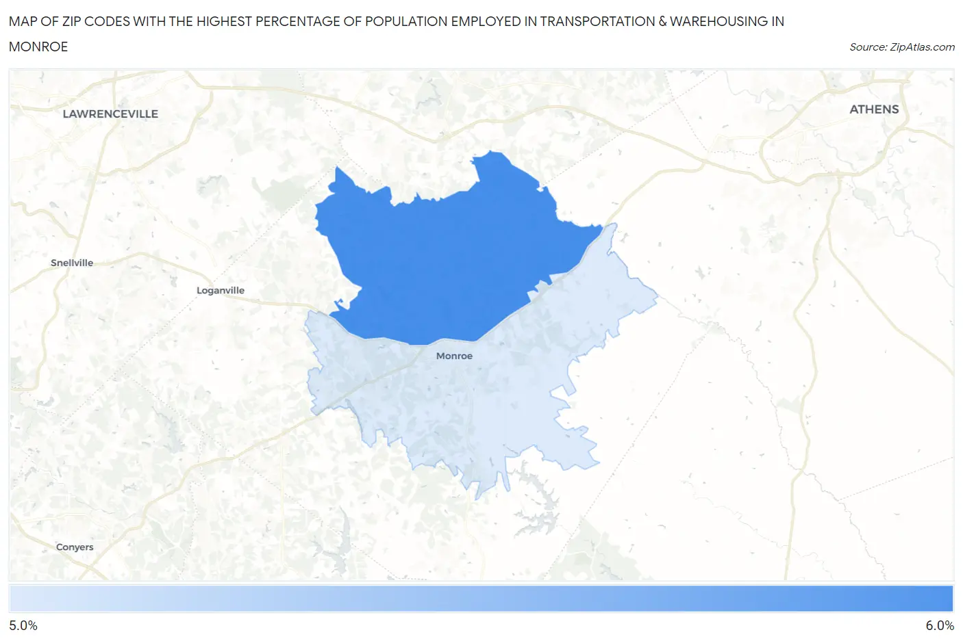 Zip Codes with the Highest Percentage of Population Employed in Transportation & Warehousing in Monroe Map
