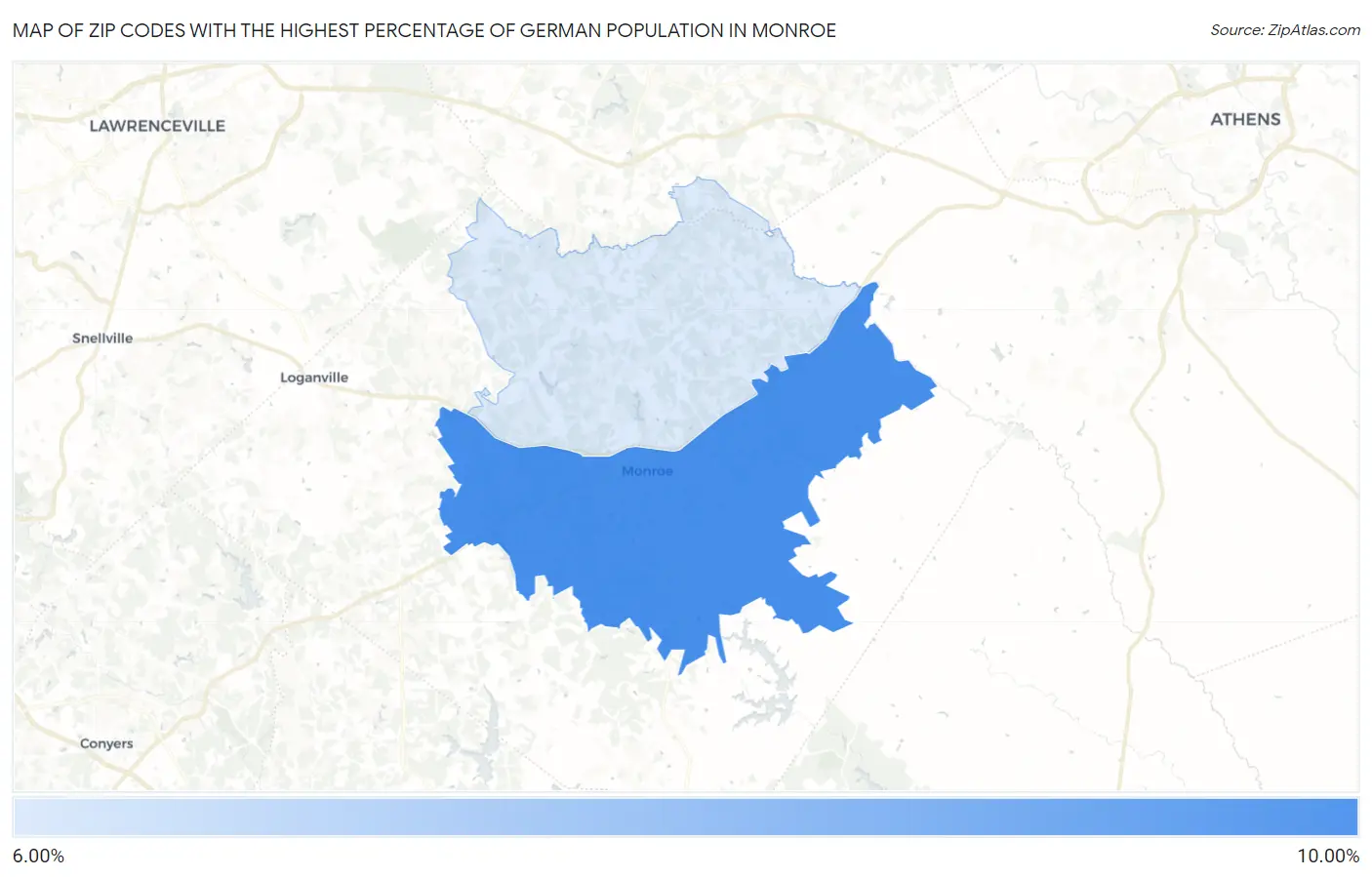 Zip Codes with the Highest Percentage of German Population in Monroe Map