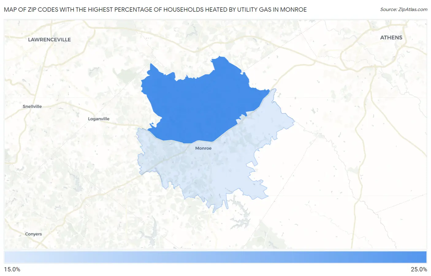 Zip Codes with the Highest Percentage of Households Heated by Utility Gas in Monroe Map