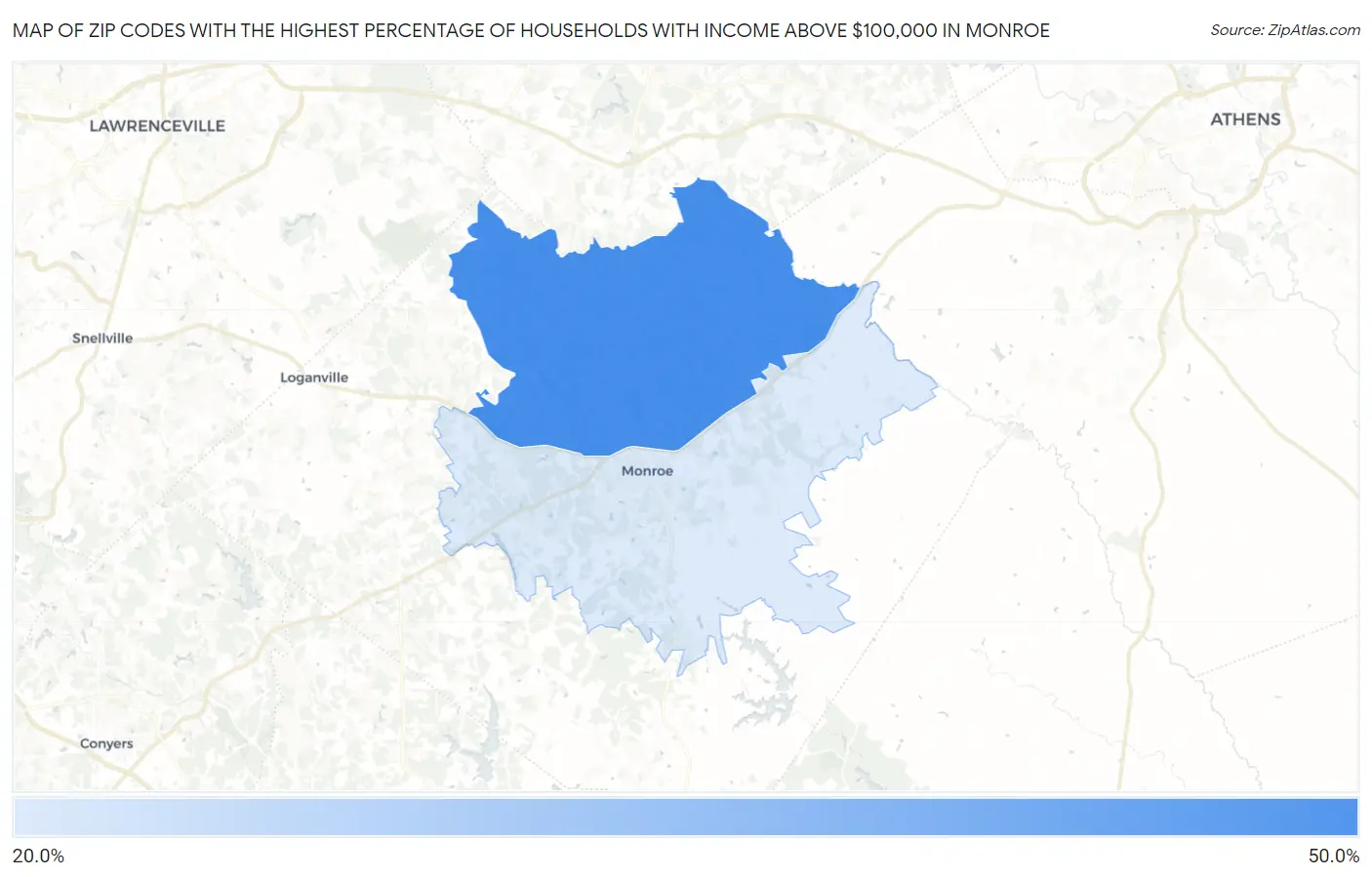 Zip Codes with the Highest Percentage of Households with Income Above $100,000 in Monroe Map