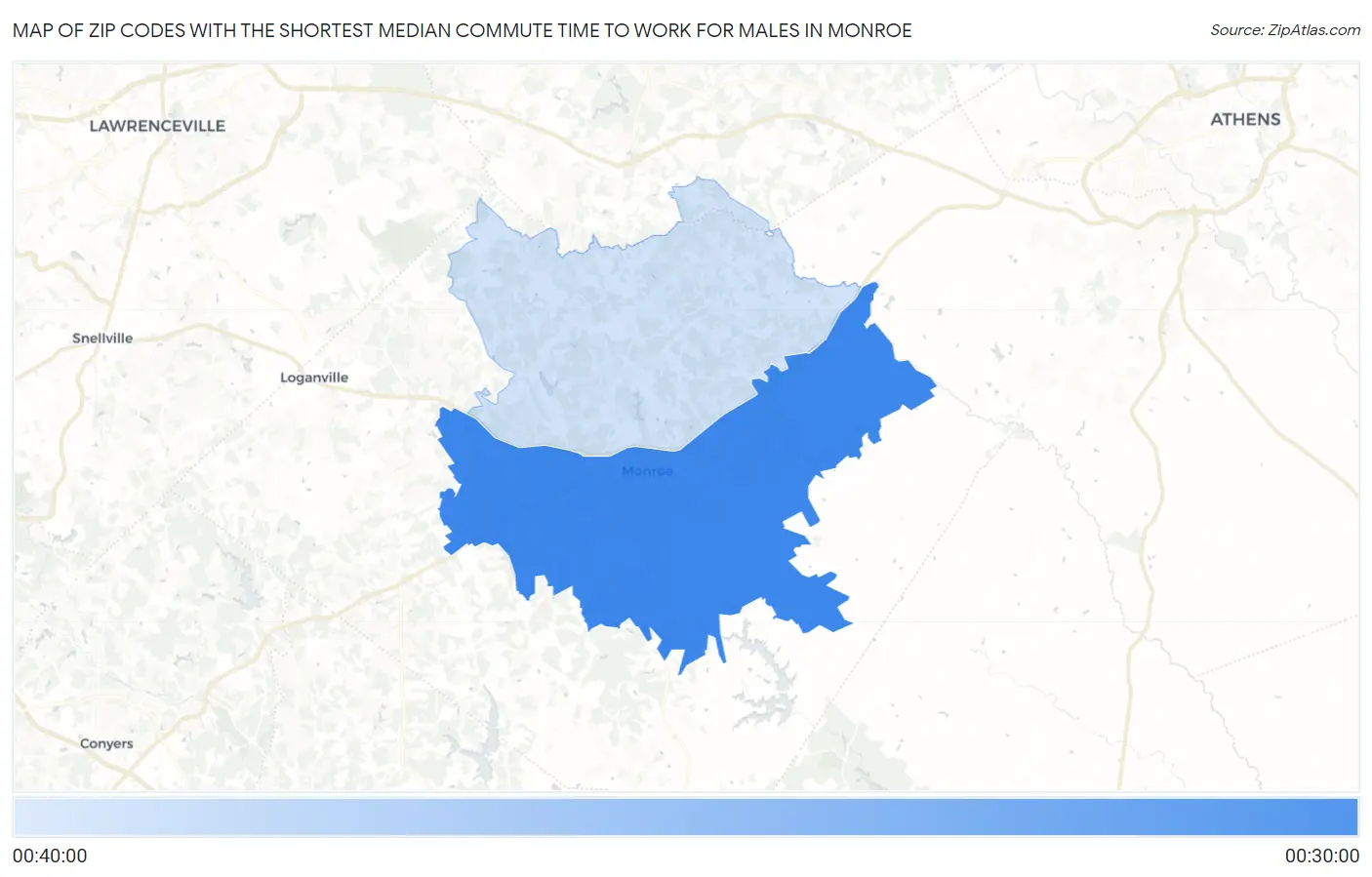 Zip Codes with the Shortest Median Commute Time to Work for Males in Monroe Map