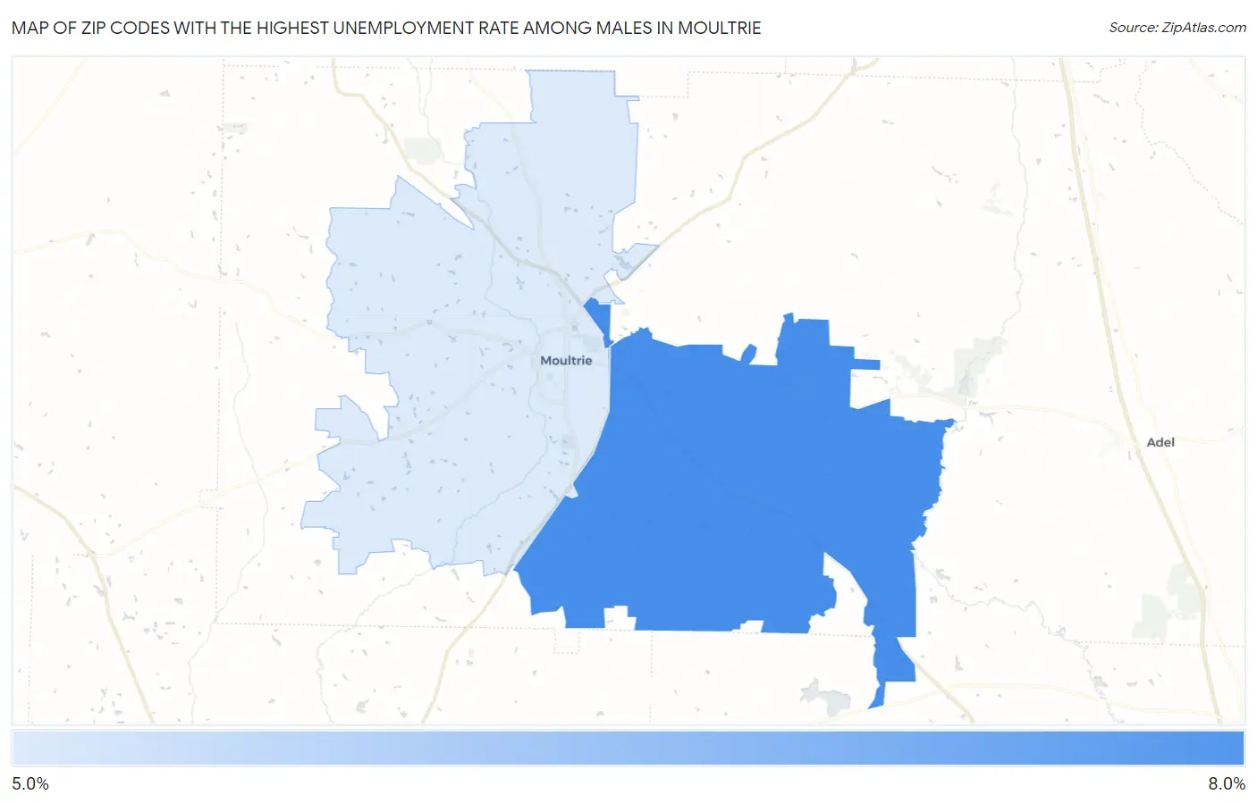 Zip Codes with the Highest Unemployment Rate Among Males in Moultrie Map