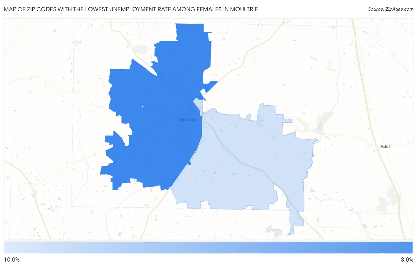 Zip Codes with the Lowest Unemployment Rate Among Females in Moultrie Map