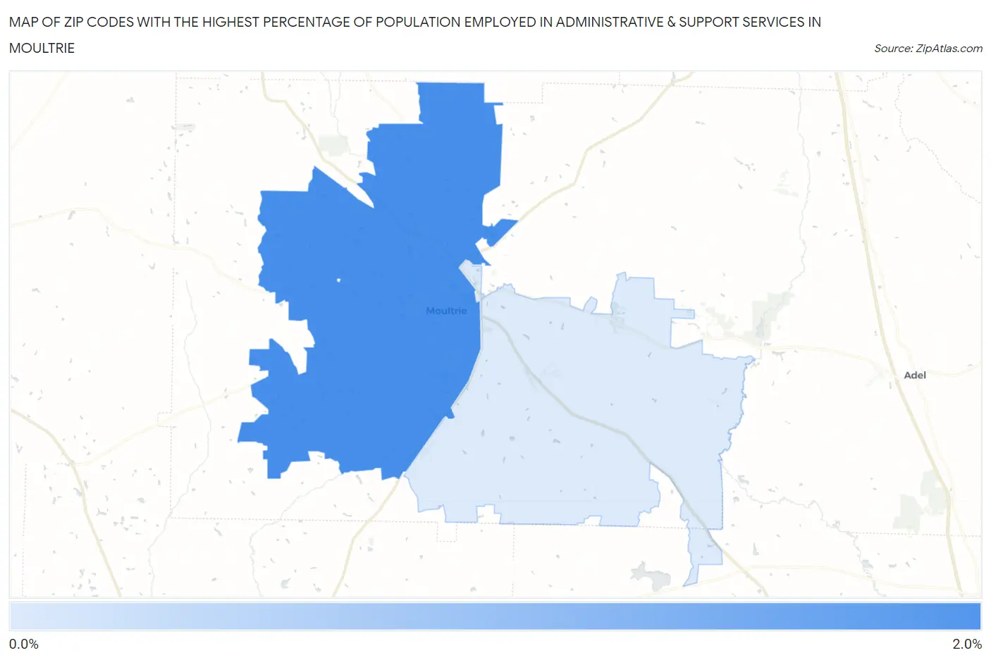 Zip Codes with the Highest Percentage of Population Employed in Administrative & Support Services in Moultrie Map