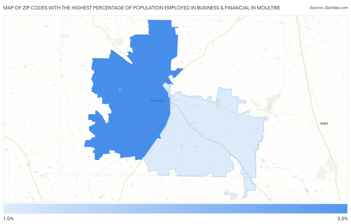 Zip Codes with the Highest Percentage of Population Employed in Business & Financial in Moultrie Map