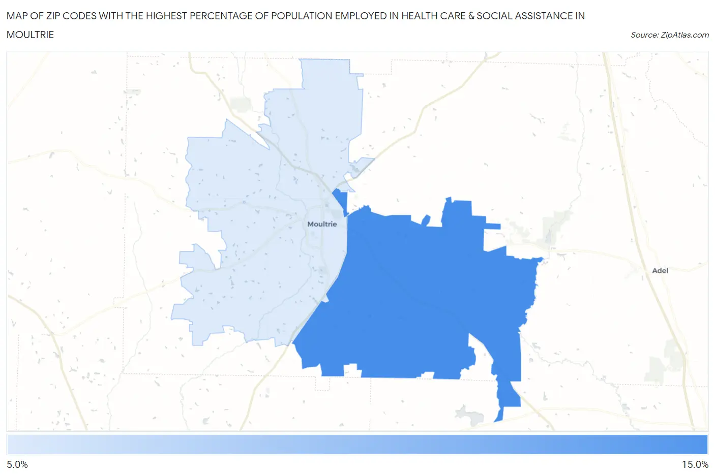 Zip Codes with the Highest Percentage of Population Employed in Health Care & Social Assistance in Moultrie Map