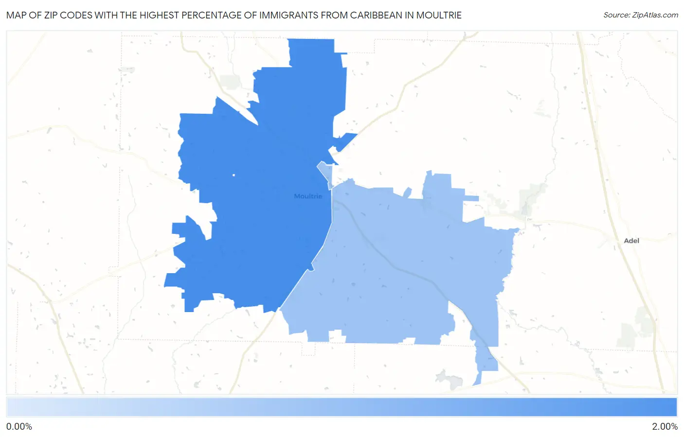 Zip Codes with the Highest Percentage of Immigrants from Caribbean in Moultrie Map