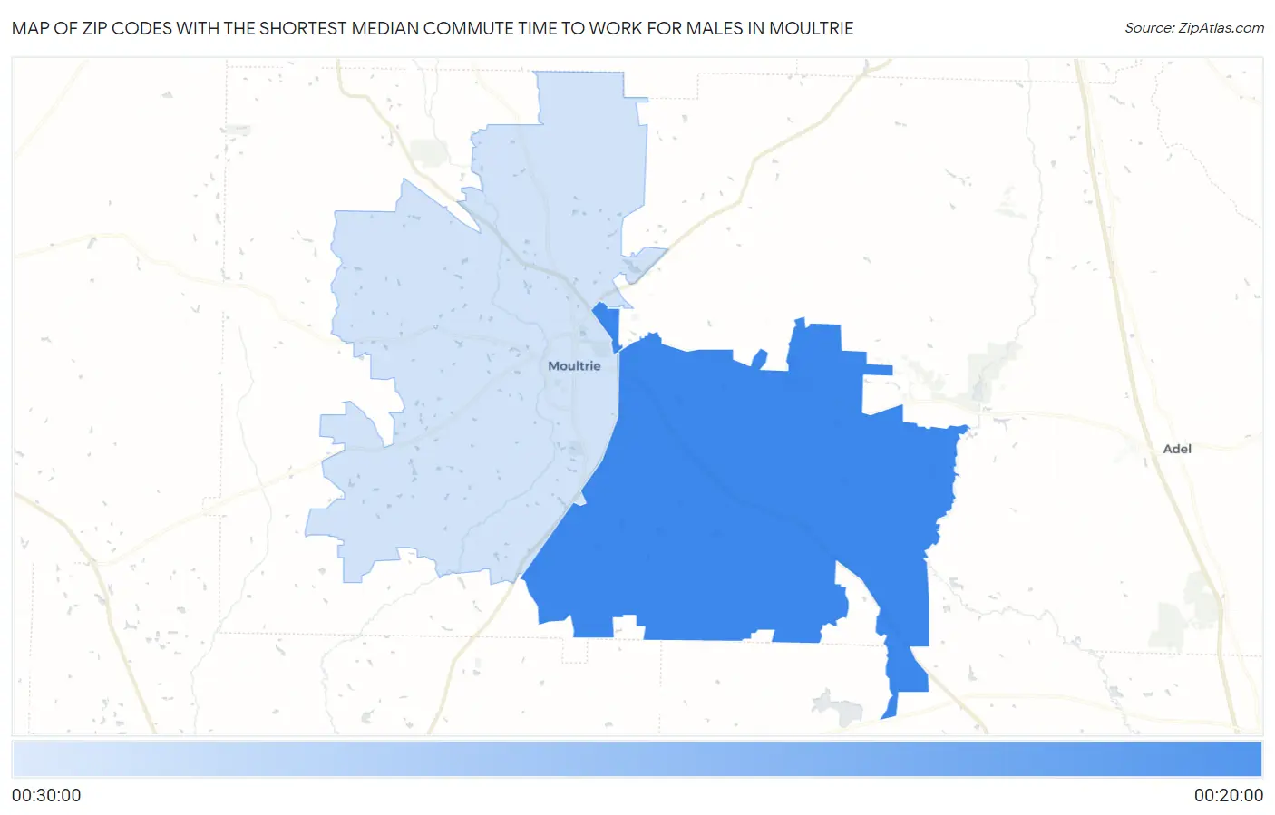 Zip Codes with the Shortest Median Commute Time to Work for Males in Moultrie Map