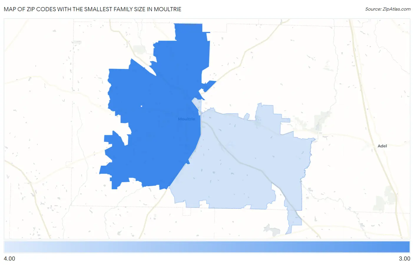 Zip Codes with the Smallest Family Size in Moultrie Map