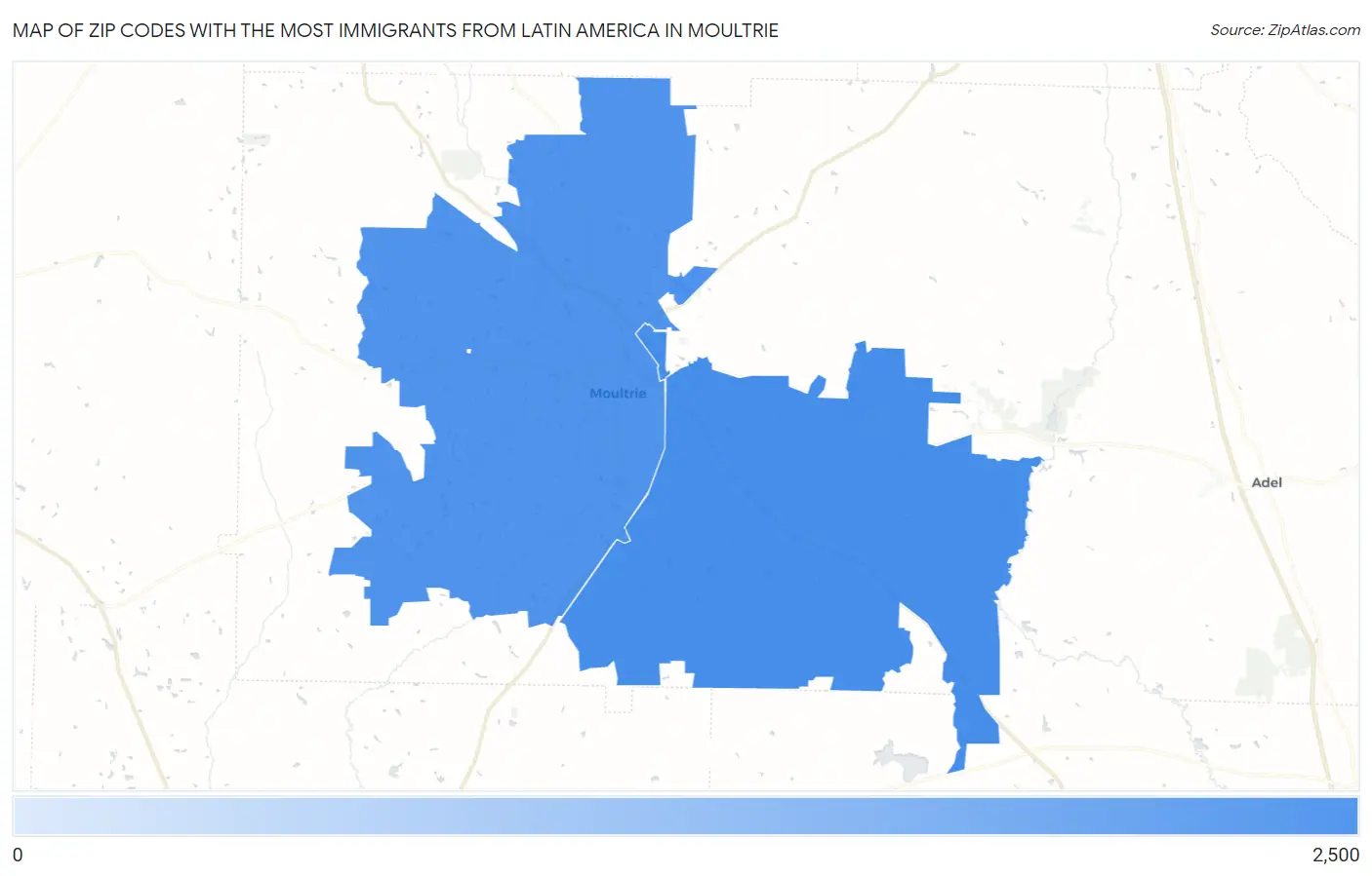Zip Codes with the Most Immigrants from Latin America in Moultrie Map