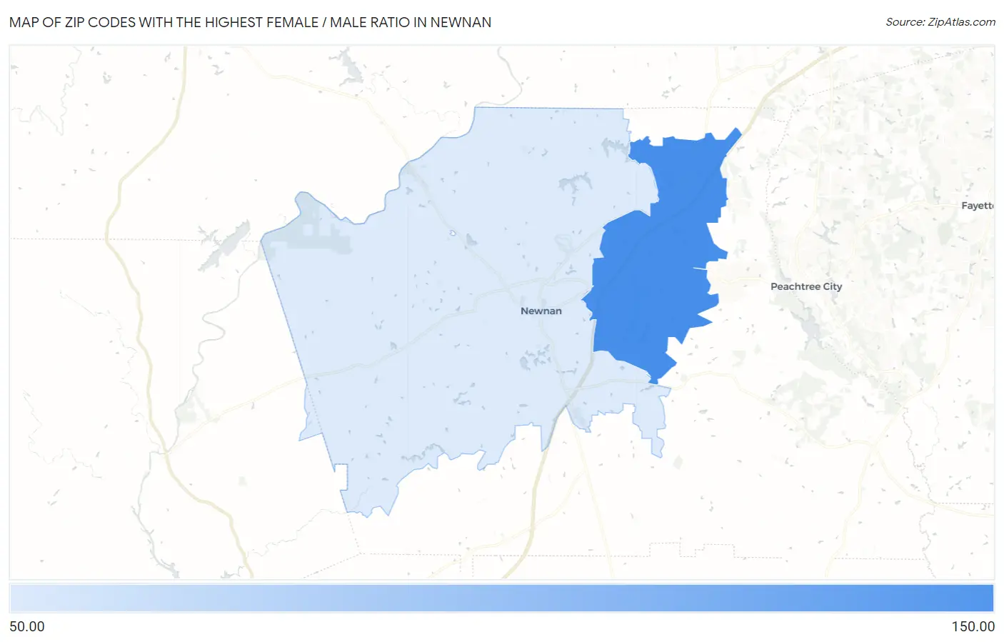 Zip Codes with the Highest Female / Male Ratio in Newnan Map