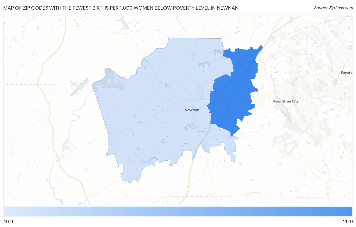 Zip Codes with the Fewest Births per 1,000 Women Below Poverty Level in Newnan Map