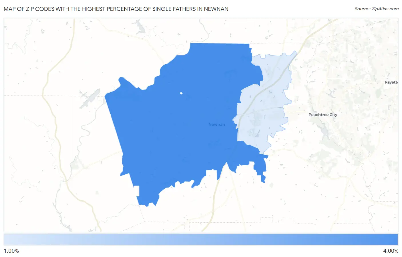 Zip Codes with the Highest Percentage of Single Fathers in Newnan Map