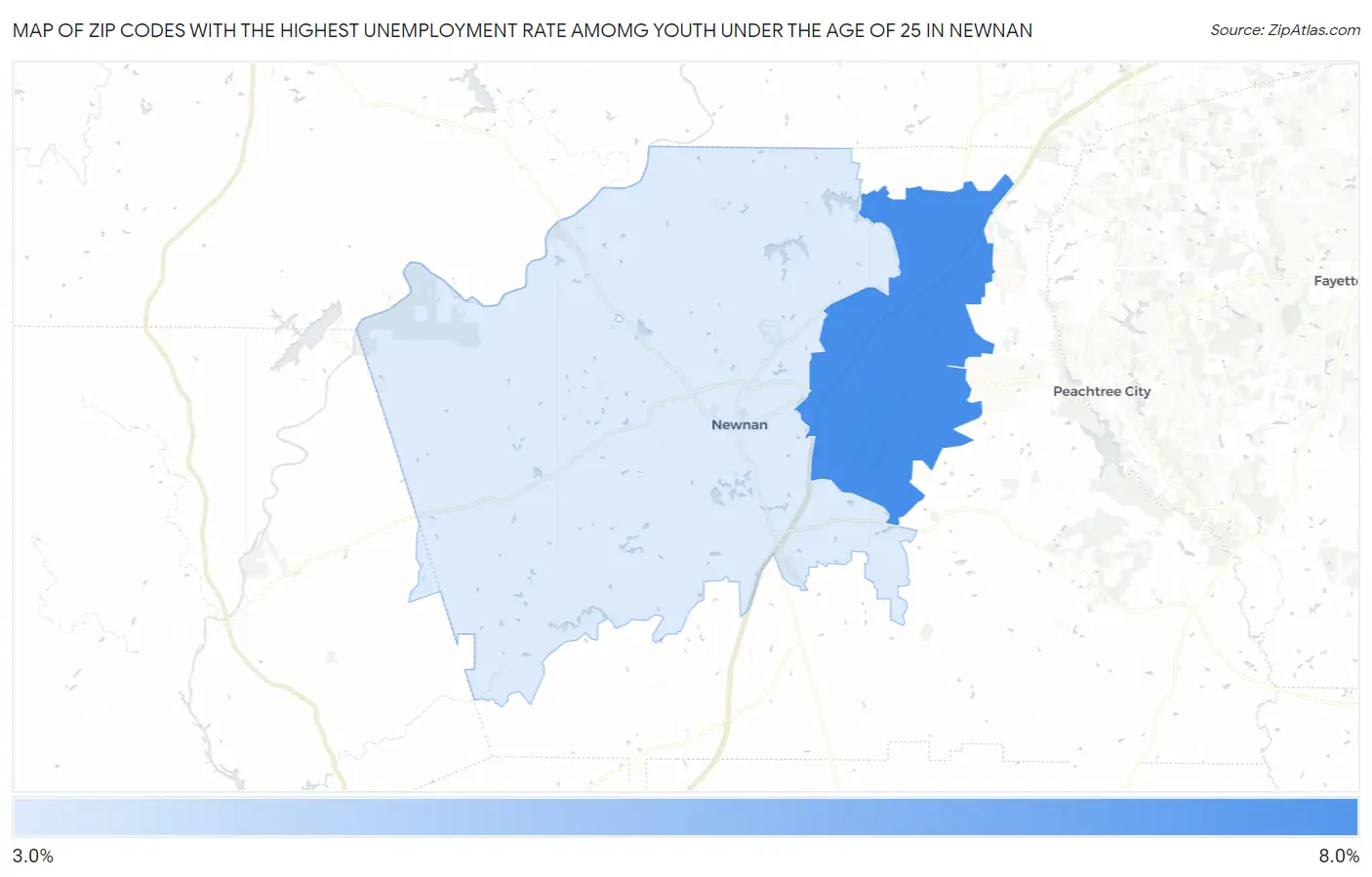 Zip Codes with the Highest Unemployment Rate Amomg Youth Under the Age of 25 in Newnan Map