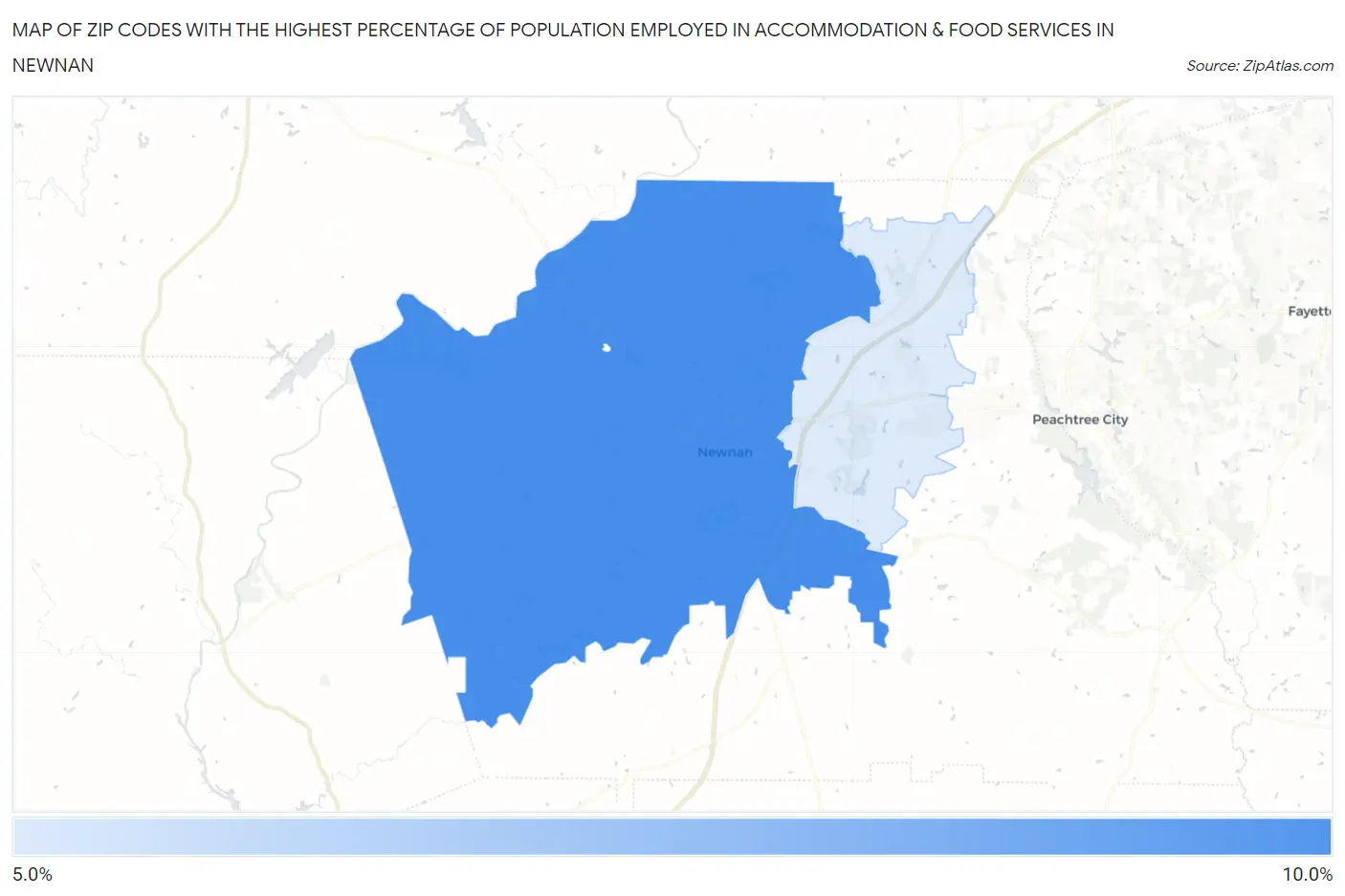 Zip Codes with the Highest Percentage of Population Employed in Accommodation & Food Services in Newnan Map