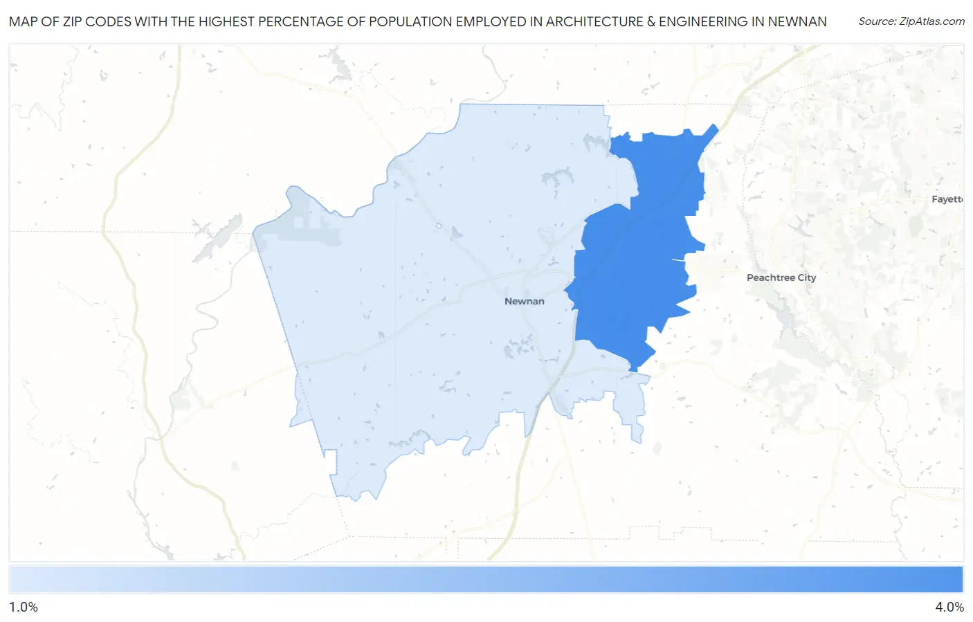 Zip Codes with the Highest Percentage of Population Employed in Architecture & Engineering in Newnan Map
