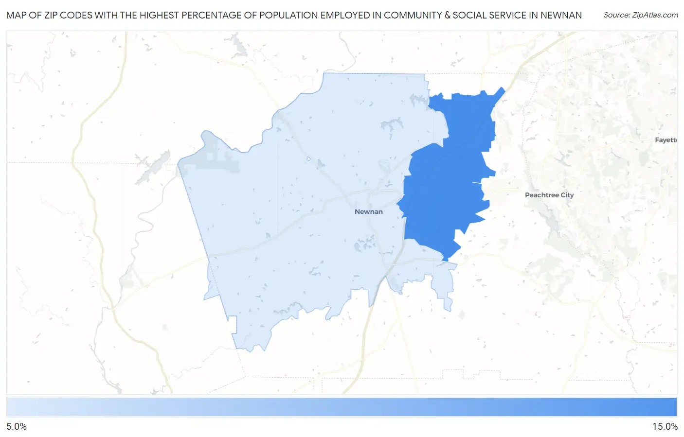 Zip Codes with the Highest Percentage of Population Employed in Community & Social Service  in Newnan Map