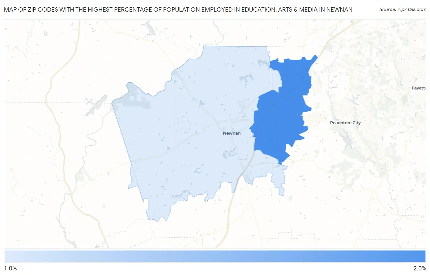 Zip Codes with the Highest Percentage of Population Employed in Education, Arts & Media in Newnan Map