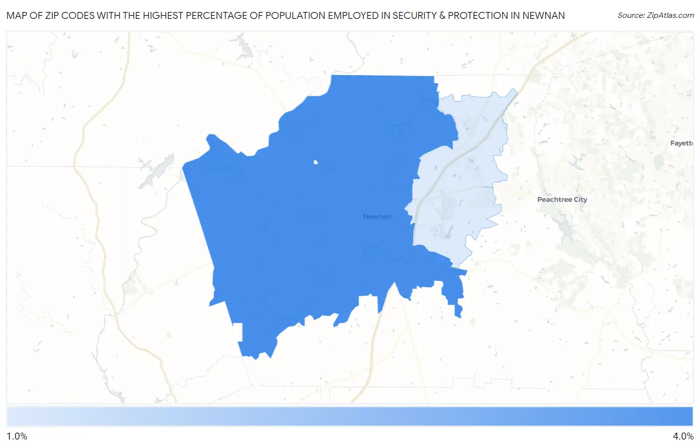 Zip Codes with the Highest Percentage of Population Employed in Security & Protection in Newnan Map