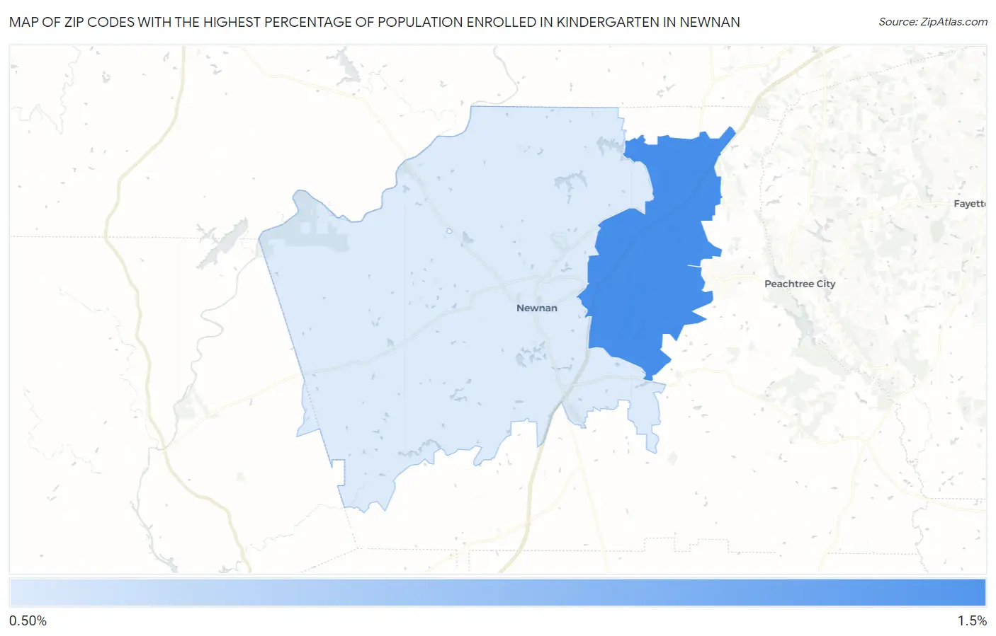Zip Codes with the Highest Percentage of Population Enrolled in Kindergarten in Newnan Map