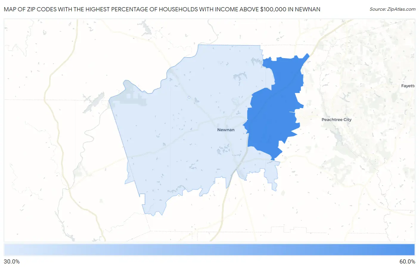 Zip Codes with the Highest Percentage of Households with Income Above $100,000 in Newnan Map