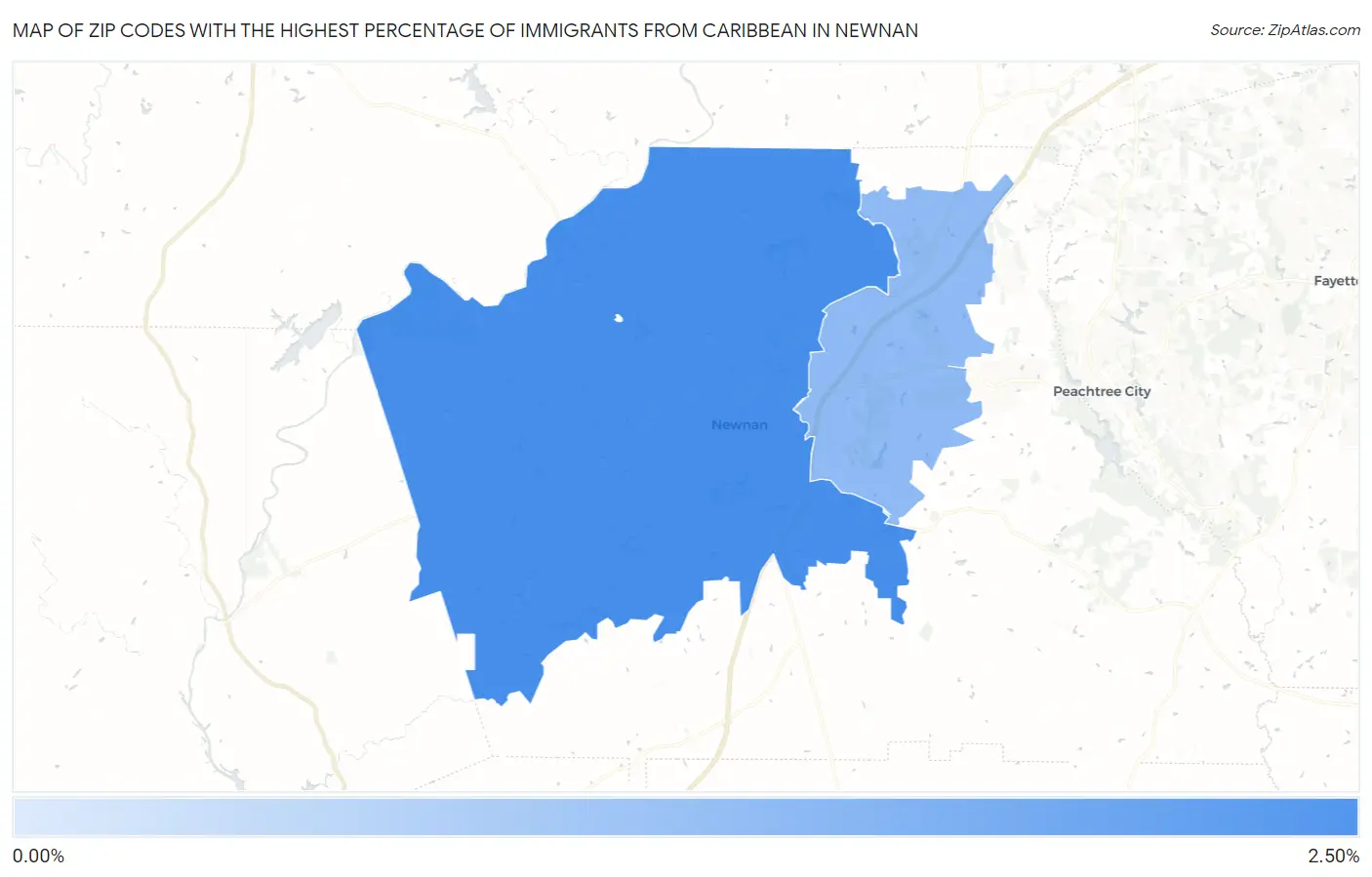 Zip Codes with the Highest Percentage of Immigrants from Caribbean in Newnan Map