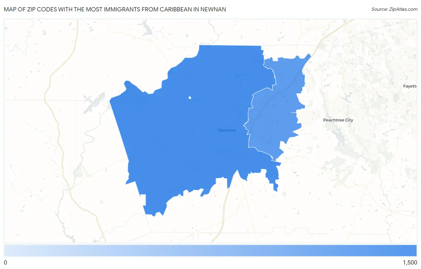 Zip Codes with the Most Immigrants from Caribbean in Newnan Map