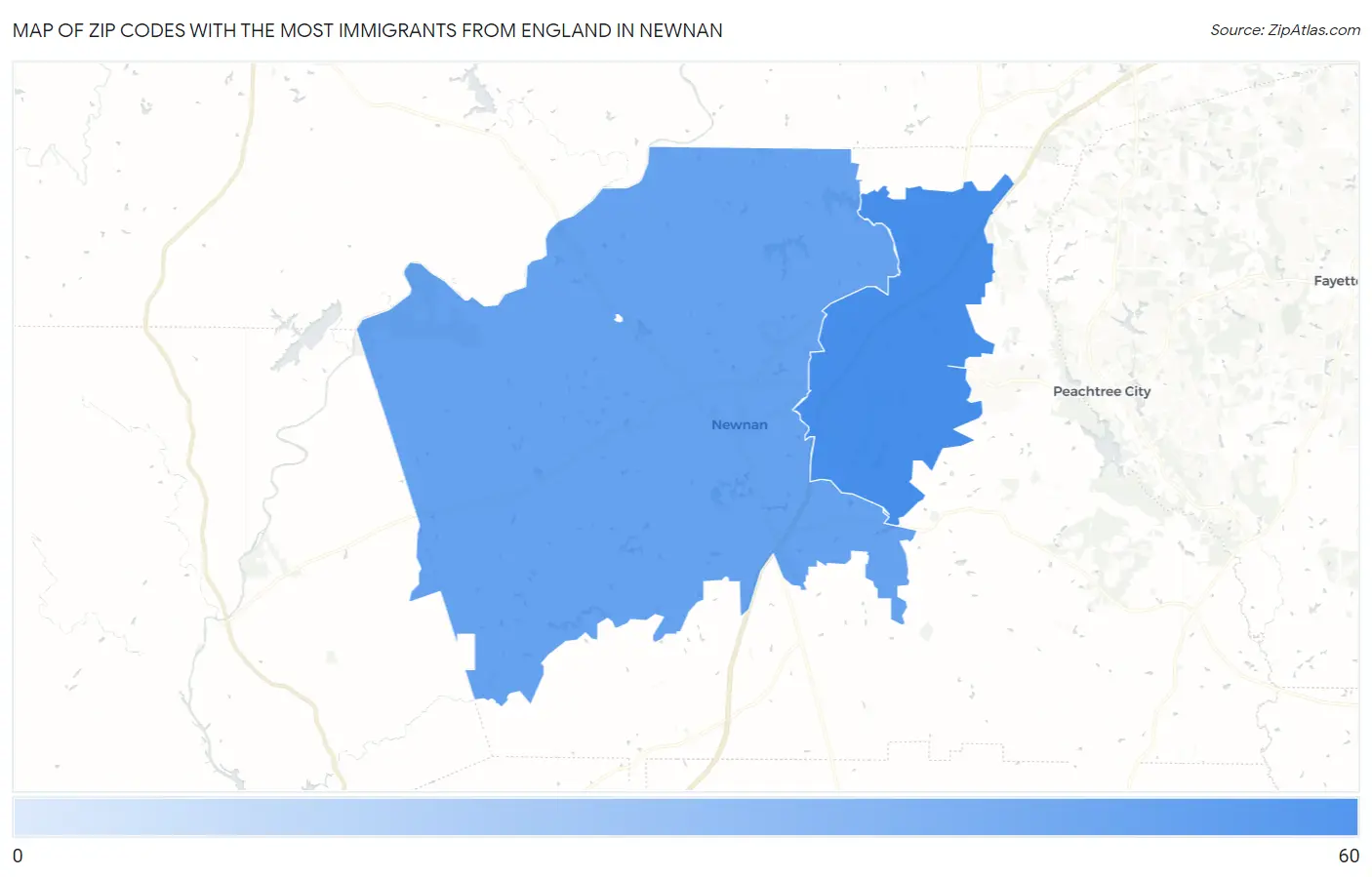 Zip Codes with the Most Immigrants from England in Newnan Map