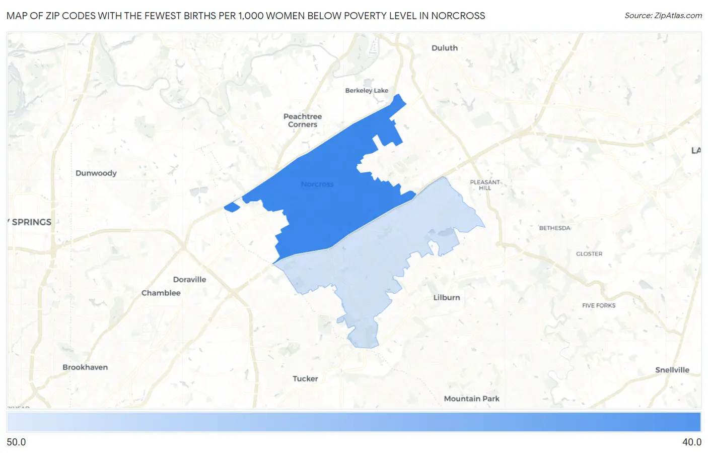 Zip Codes with the Fewest Births per 1,000 Women Below Poverty Level in Norcross Map