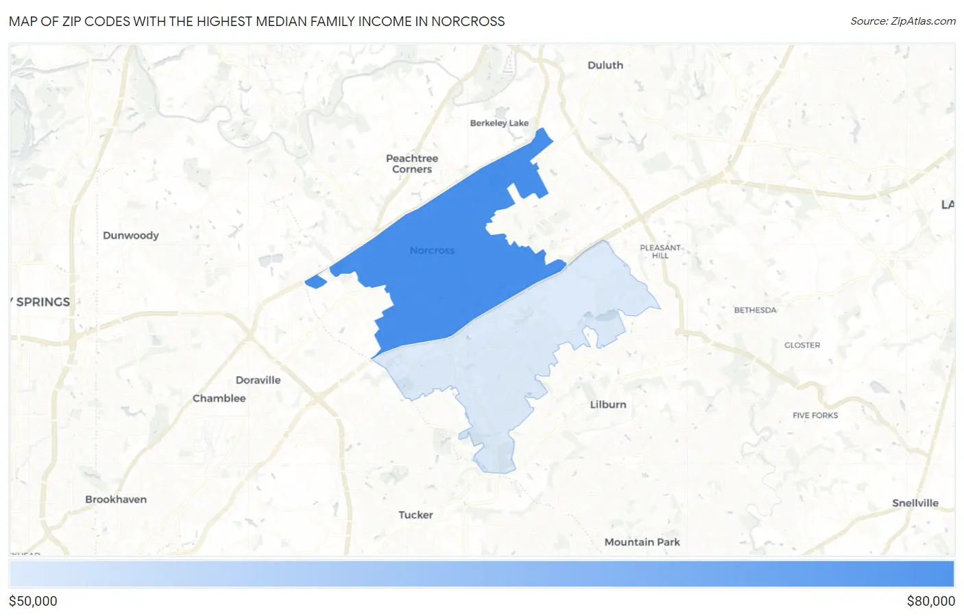 Zip Codes with the Highest Median Family Income in Norcross Map