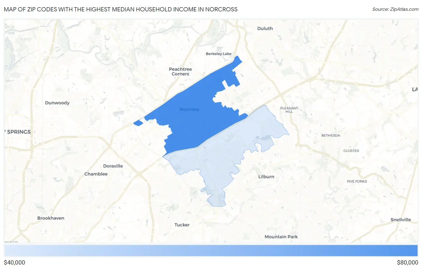 Zip Codes with the Highest Median Household Income in Norcross Map