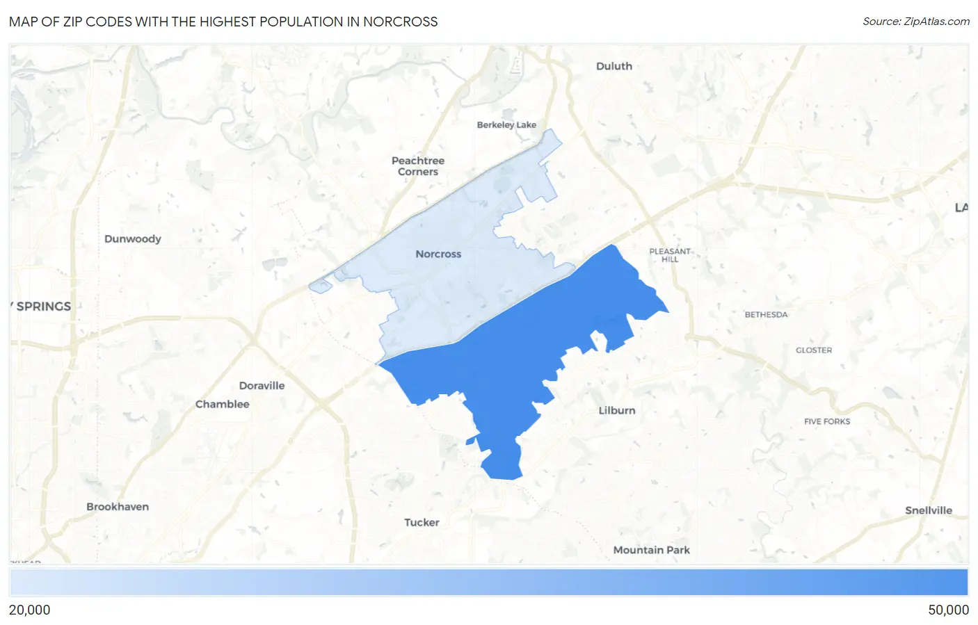 Zip Codes with the Highest Population in Norcross Map