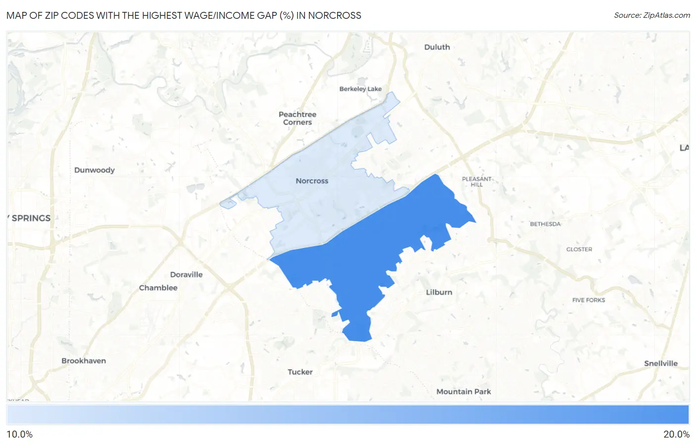 Zip Codes with the Highest Wage/Income Gap (%) in Norcross Map