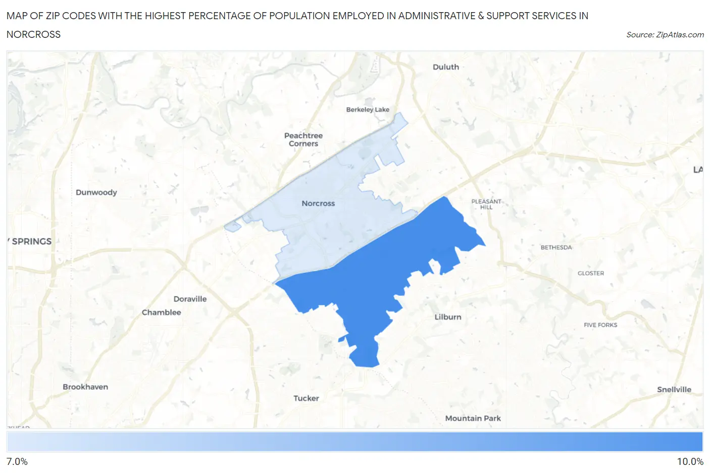 Zip Codes with the Highest Percentage of Population Employed in Administrative & Support Services in Norcross Map