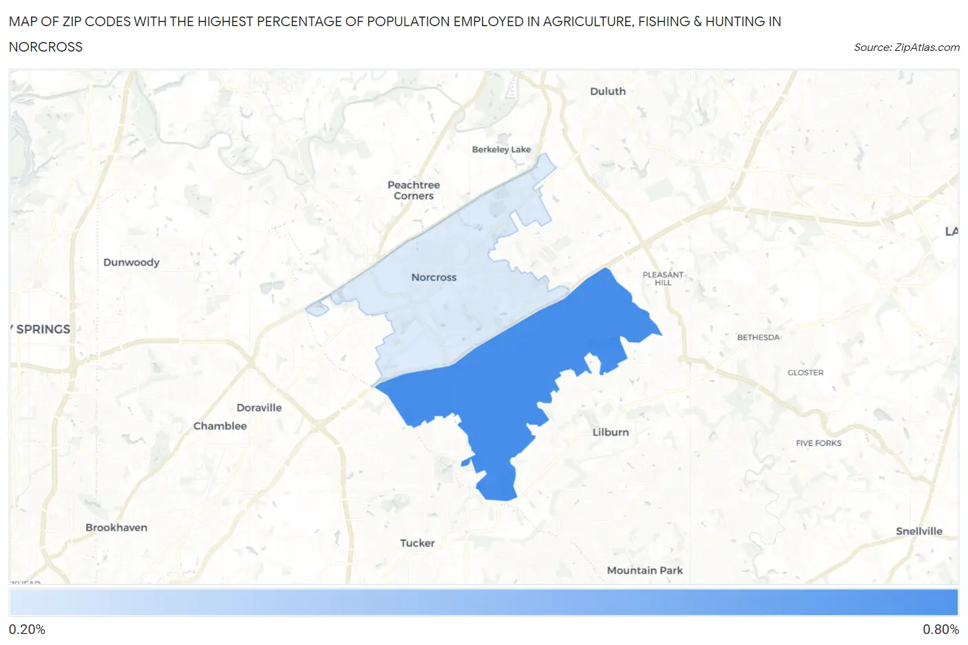Zip Codes with the Highest Percentage of Population Employed in Agriculture, Fishing & Hunting in Norcross Map