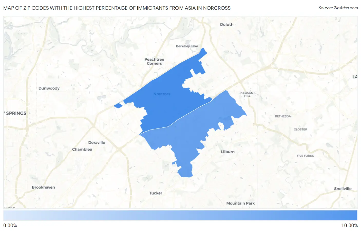 Zip Codes with the Highest Percentage of Immigrants from Asia in Norcross Map