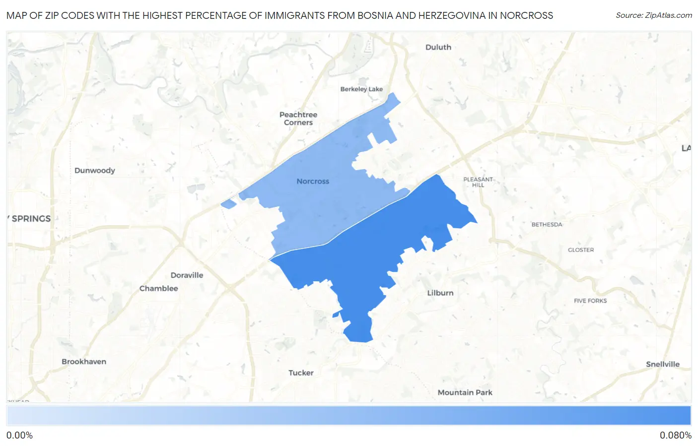 Zip Codes with the Highest Percentage of Immigrants from Bosnia and Herzegovina in Norcross Map